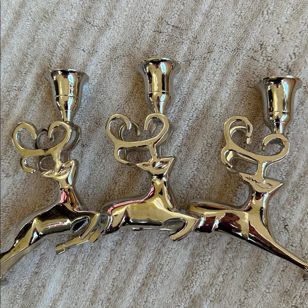 Like New: Christmas Chrome Silver Reindeer Candle Holder Trio Mantle Centerpiece